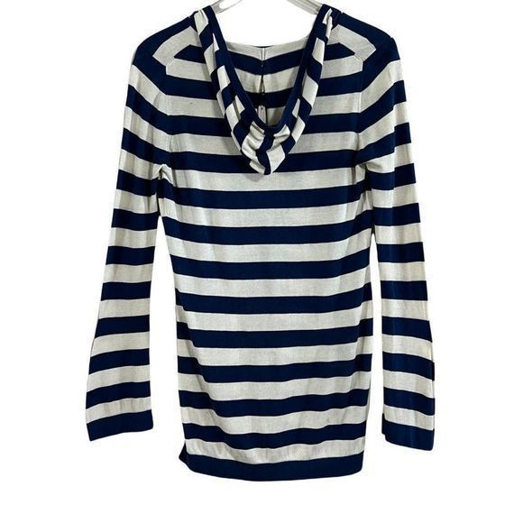 Minnie Rose Silk Cashmere Hooded Tunic Top Size S Deep V-Neck Striped - Picture 2 of 7